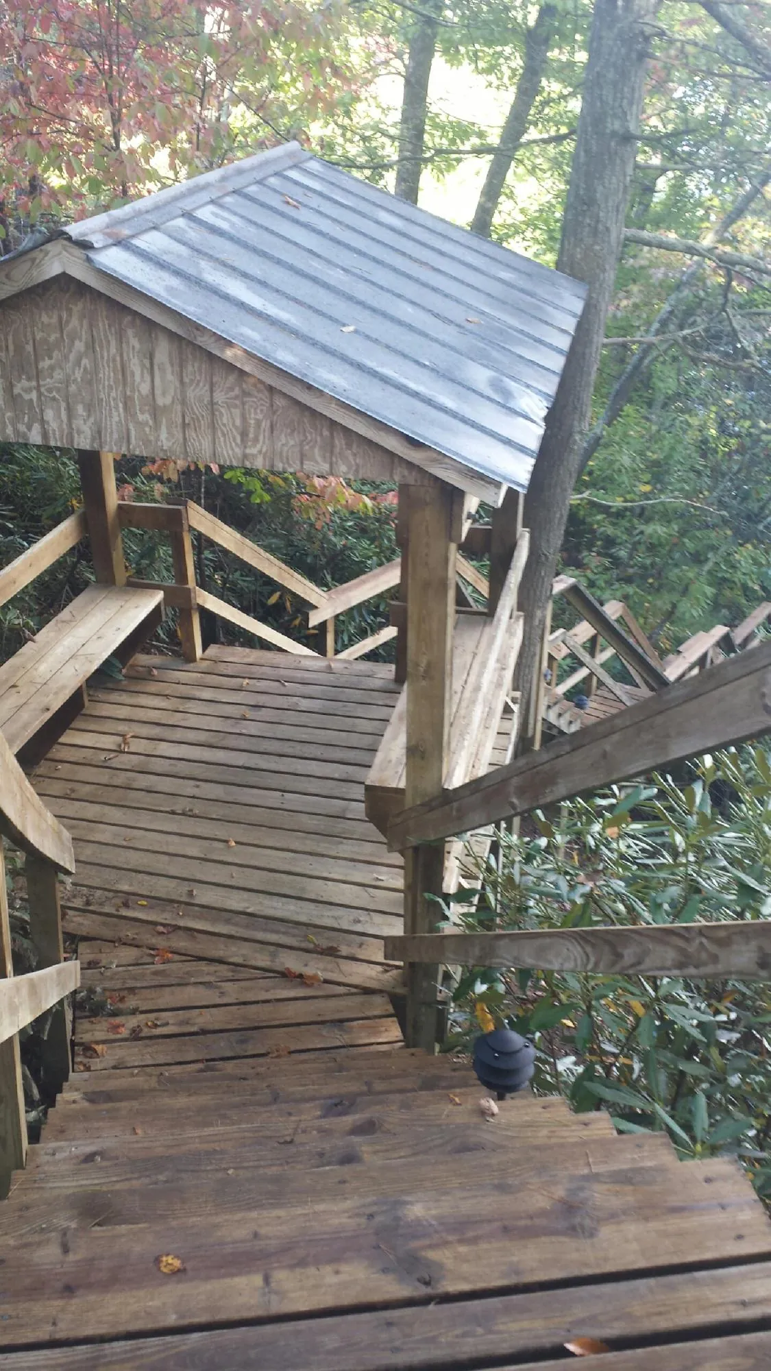 Metal roofed shelter over wooden steps on a wooded walkway — Skylight Repair & Installation work by our crew in Albertson